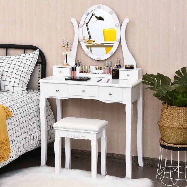 Touch Switch Makeup Dressing Vanity Table Set with 10 Light Bulbs - 31.5" x 16" x 54" (L x W x H)
