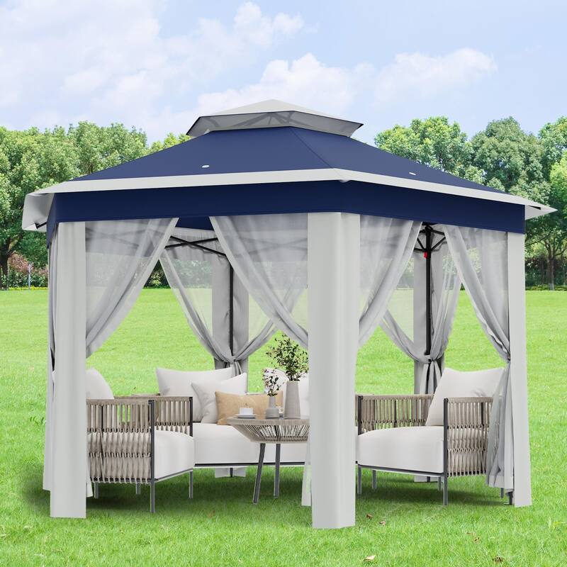 Pop Up Gazebo, Hexagonal Canopy Shelter with 6 Zippered Mesh Netting, Event Tent with Strong Steel Frame