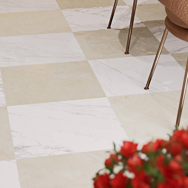 Merola Tile Reve Checker Blanc with Beige 23-1/2" x 23-1/2" Porcelain Floor and Wall Tile