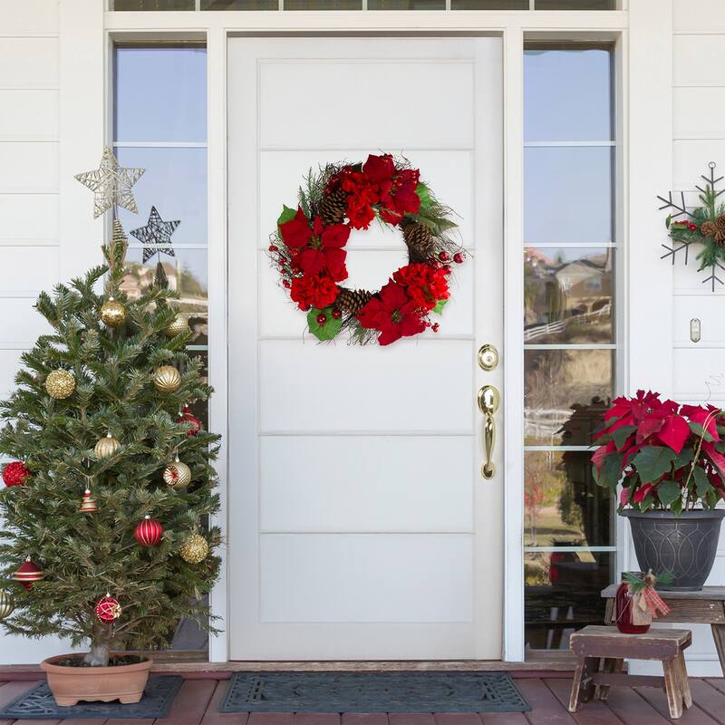 Red Poinsettia Hydrangea Flowers Berries Artificial Wreath 24"