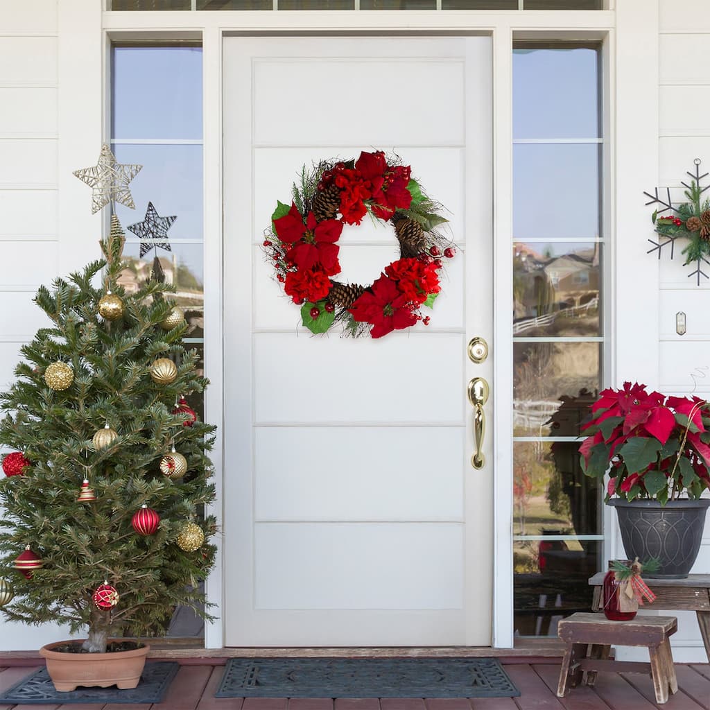 Red Poinsettia Hydrangea Flowers Berries Artificial Wreath 24"