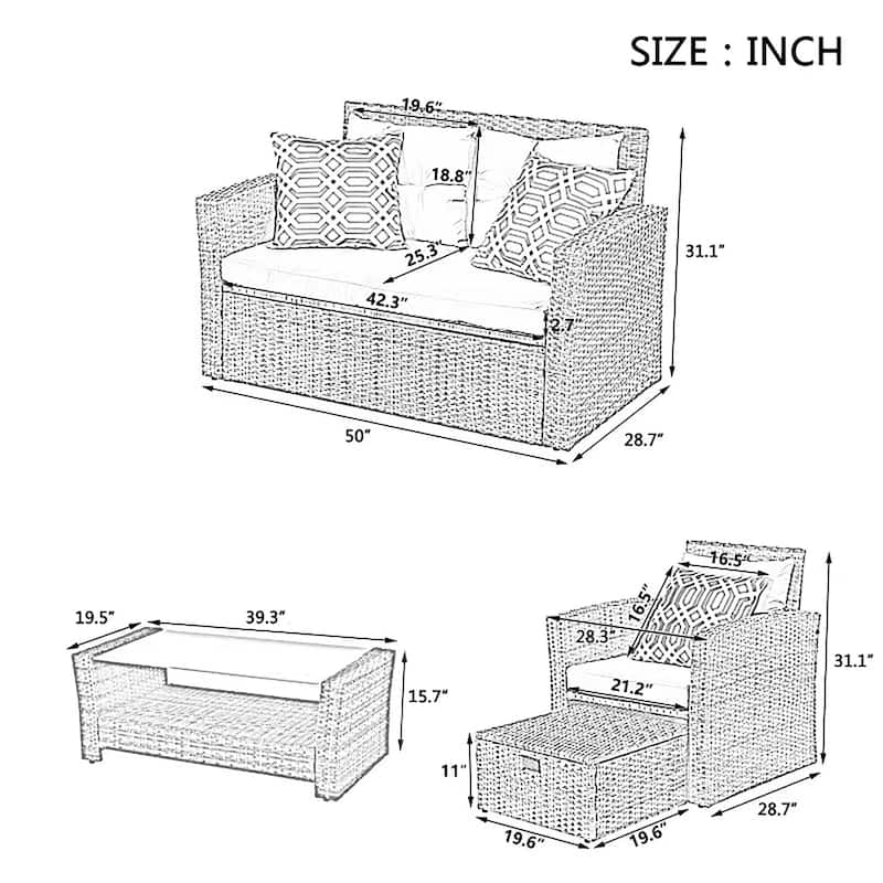 6-Piece PE Rattan Wicker Patio Conversation Set with Dark Grey Cushions - 50x28.75