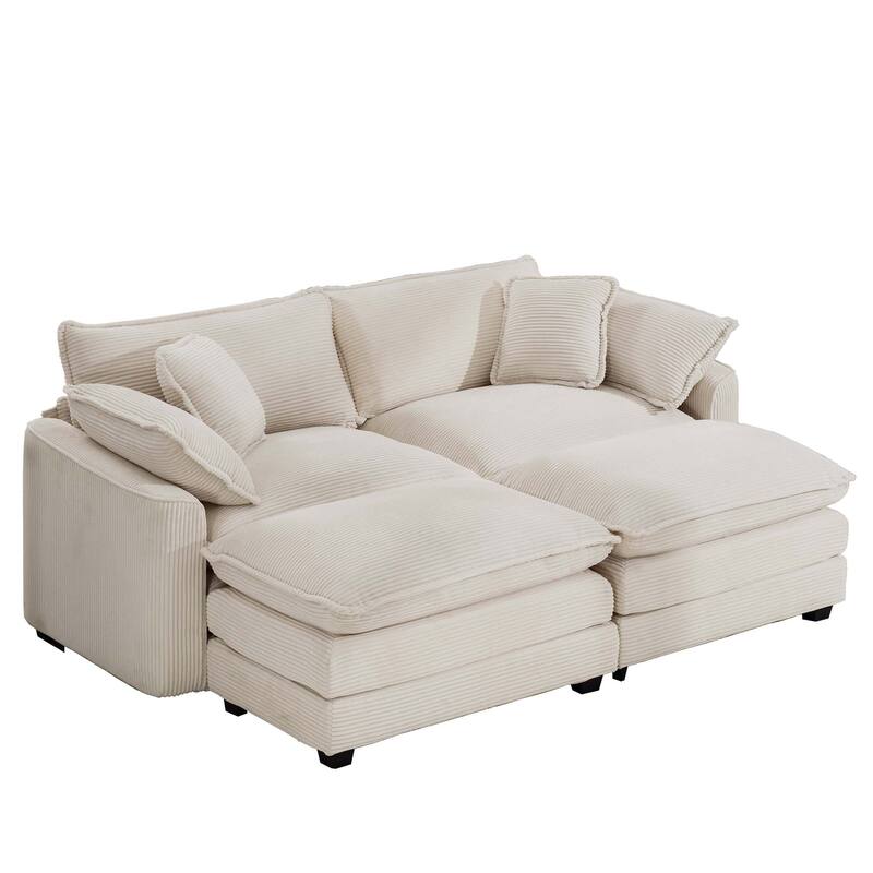 Mid-Century Corduroy Sleeper Sofa with Footrests - Compact 2-Seater Couch for Small Spaces
