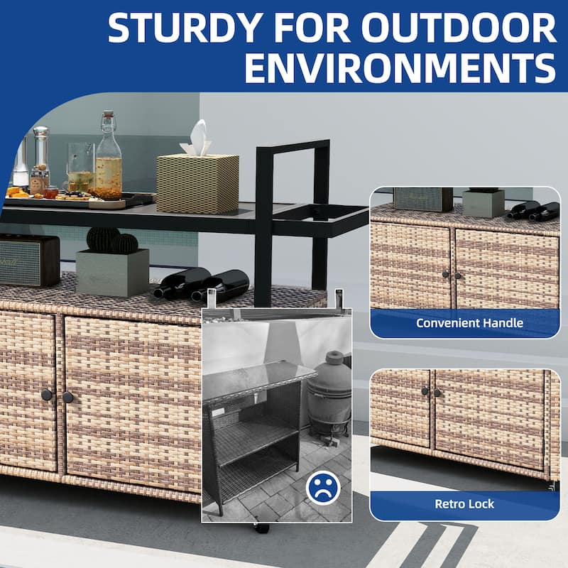 Wicker Outdoor Kitchen Serving Station with Storage Cabinet and Wheels - 51.2L x 19.7"W x 35.4"H