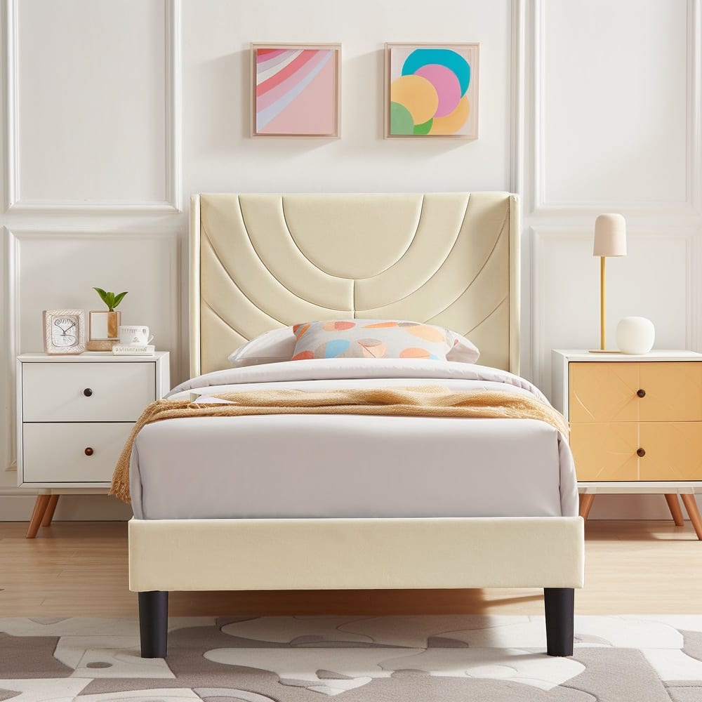 Javlergo Upholstered Bed Frame with Wingback Panel Headboard, No Box Spring Needed