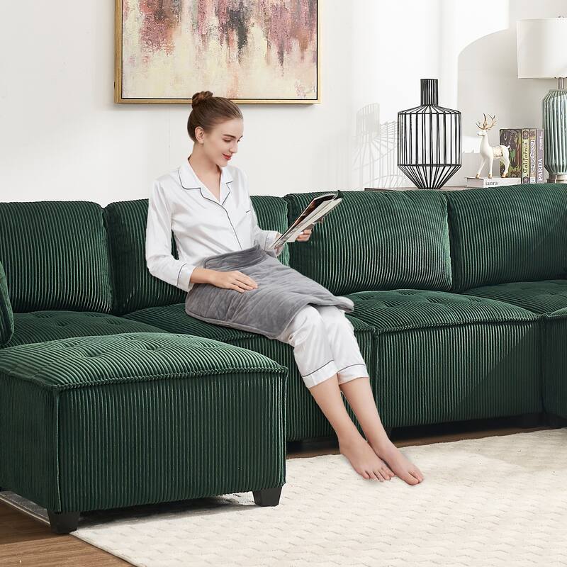 U-Shaped Corduroy Upholstered 6-Seat Convertible Modular Sectional Sofa Fit for Living Room