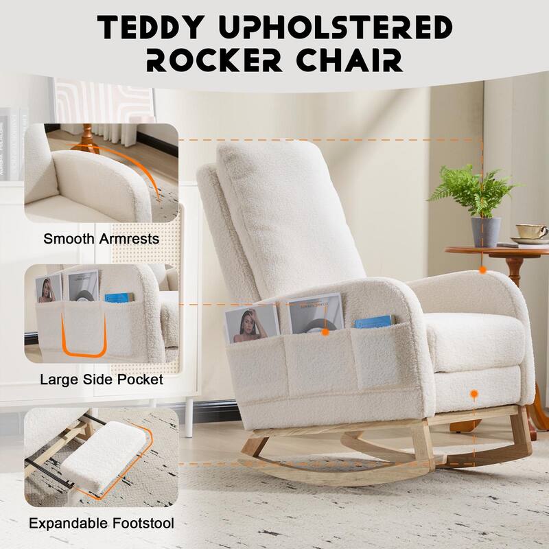 Wood Rocking Chair with Teddy Fabric and Side Pocket - 24.8"L x 29.5"W x 40.9"H