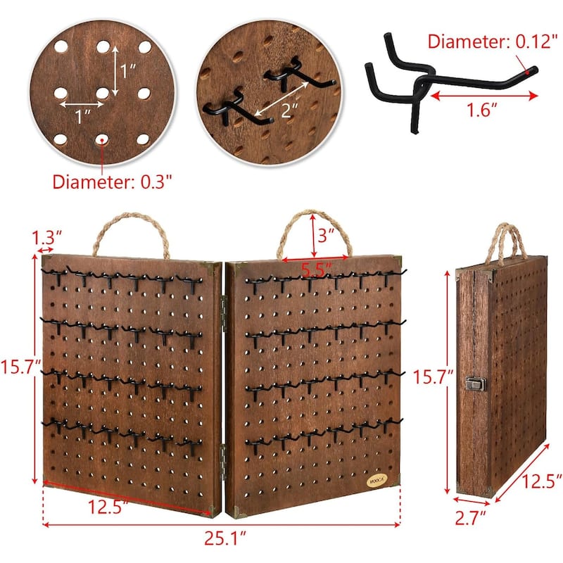 Wooden 2 Panel Pegboard Jewelry Display Organizer with 48 Black Hooks - S