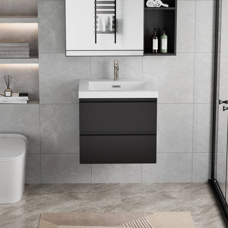 24" Wall-Mounted Floating Bathroom Vanity with Resin Sink, Soft Close Drawers, Natural Oak Cabinet, Pre-Assembled