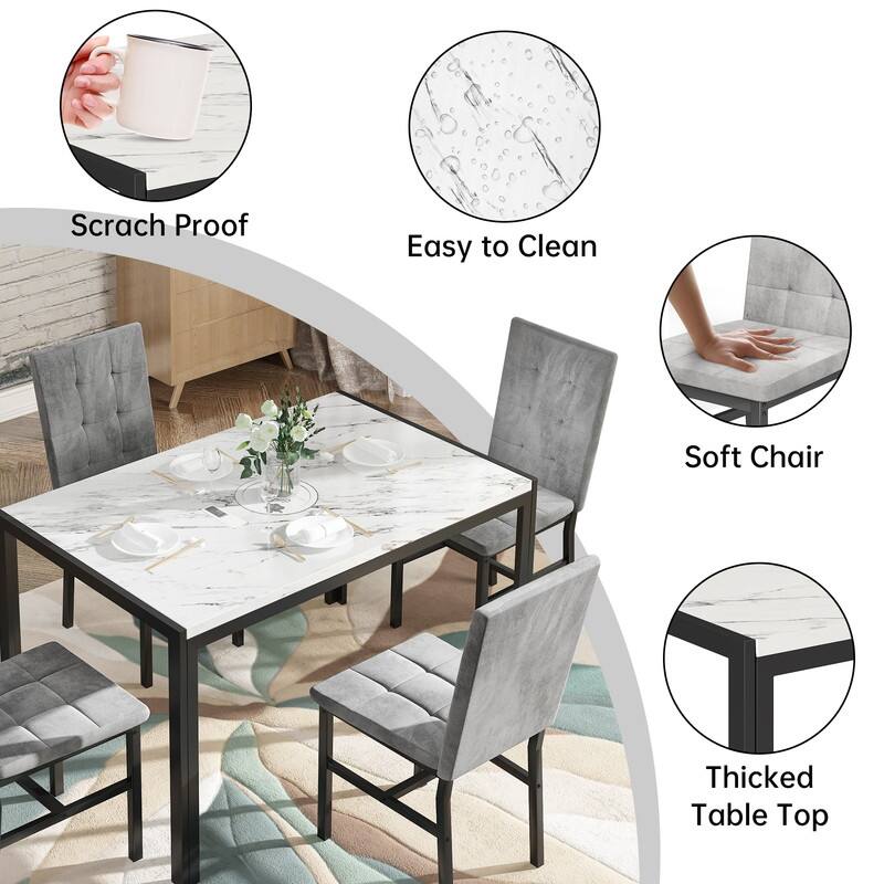 Grondin Faux Marble Kitchen Table And Chairs Set for 4, Modern Dining Room Table With 4 Armless Upholstered Dining Chairs