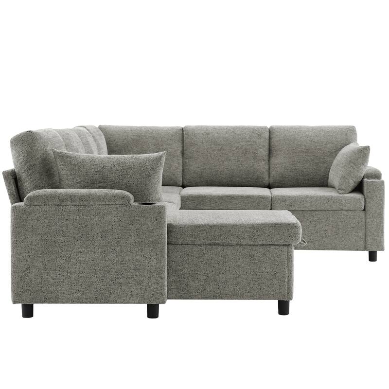 U-Shaped Chenille Sectional Sofa with Storage Chaise Lounge, Convertible Sleeper Sofa Bed with Cup Holders & Charging Ports