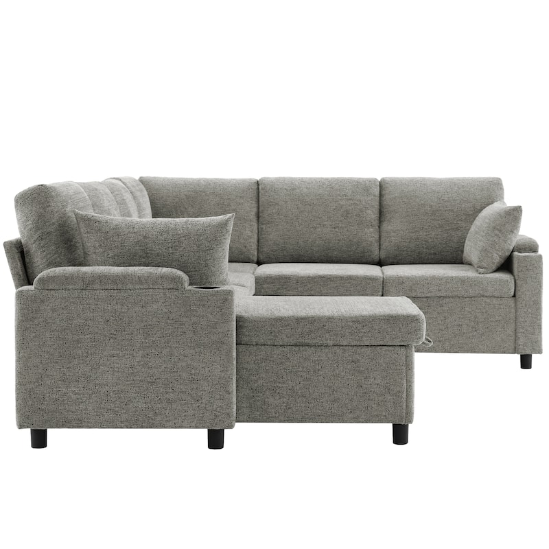 U-shaped Sofa, Chenille Sectional Sofa with 2 Cup Holders and Charging Ports Livingroom Sleeper Recliner Sofa Couch