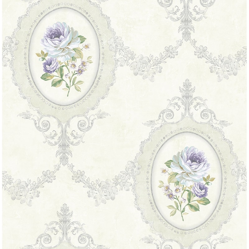 Seabrook Designs Aubrey Framed Rose Toile Unpasted Wallpaper - 20.5 in. W x 33 ft. L - Metallic Purple