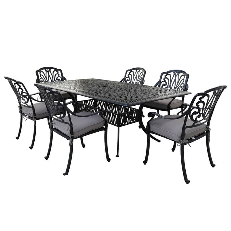 Saratoga 7-piece Gun Metal Aluminum Rectangle Dining Set with 6 Cushioned Arm Dining Chairs