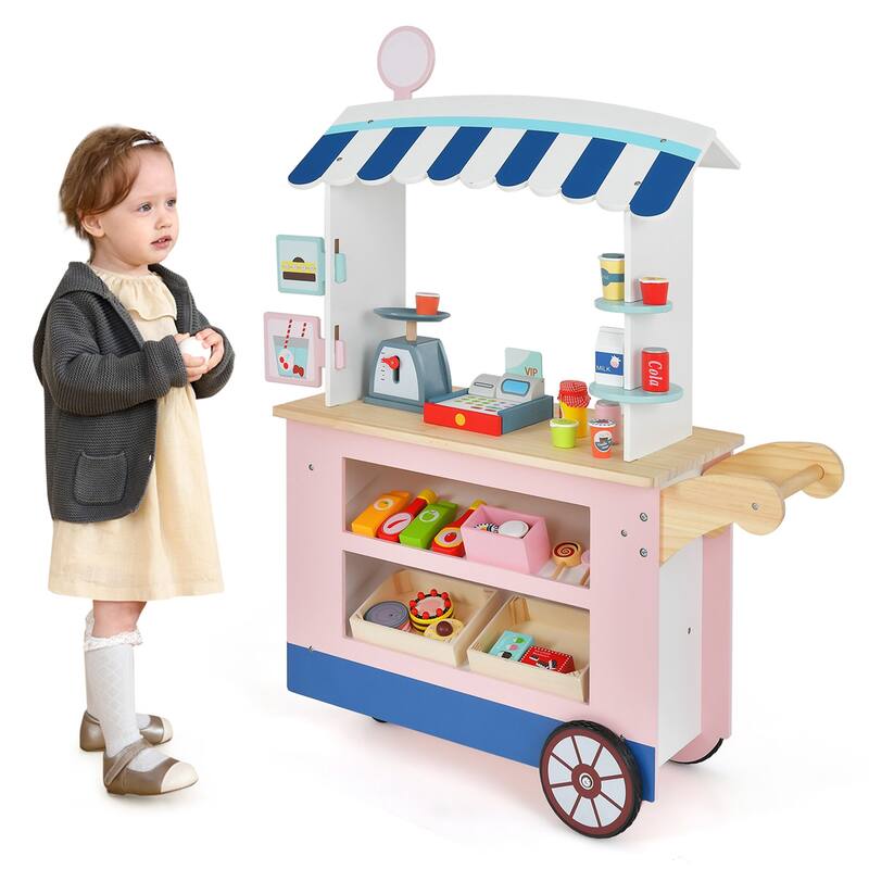 Costway Kids Snacks & Sweets Food Cart Kids Toy Cart Play Set with 30 - See Details - Pink