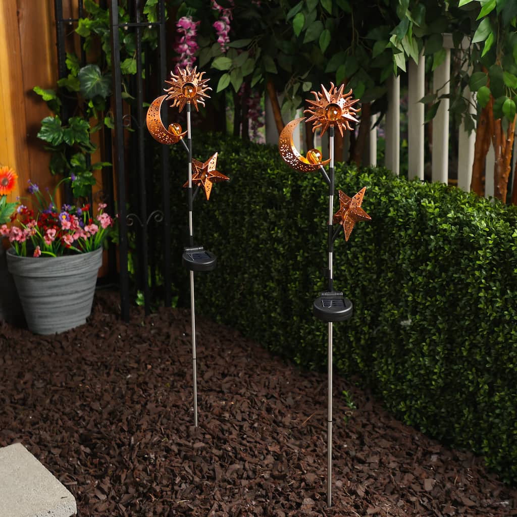 Alpine Corporation SBY100SLR-2 Celestial Solar LED Stake, Sun, Moon, and Star Pathway Lighting for Walkway, 38"H, Black Set of 2