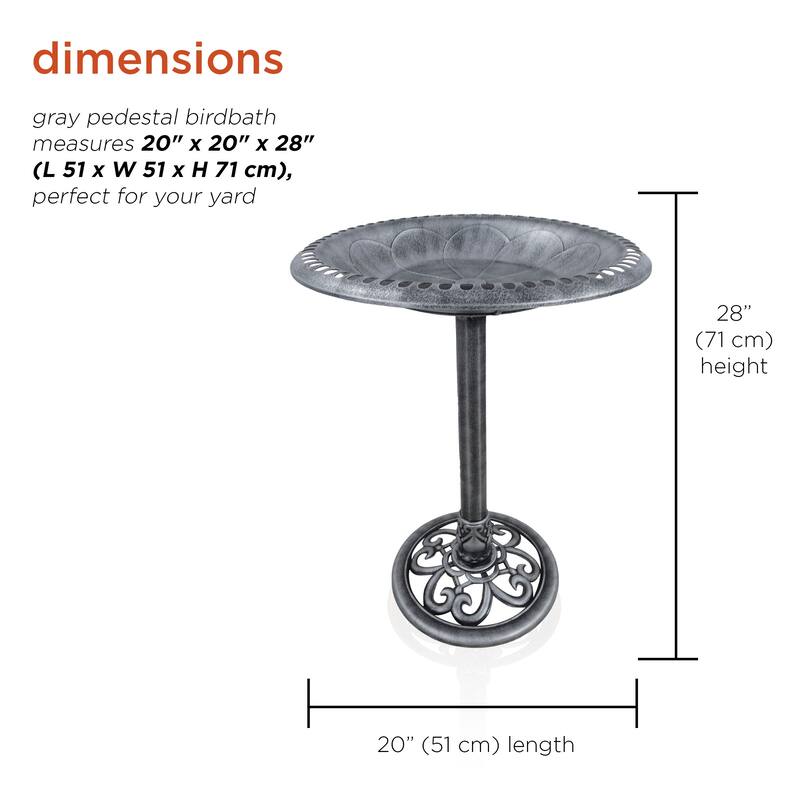 Gray Pedestal Birdbath w/ Scrollwork Base and Ground Stakes