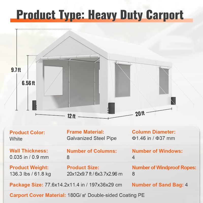Heavy Duty 12x20ft Carport Canopy Outdoor Garage Shelter with Sides - 144 x 240 x 116.4 Inch