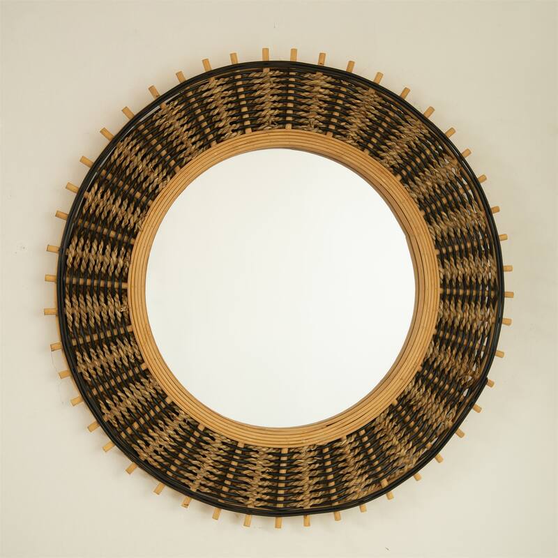 23" Round Bamboo Wall Mirror with Light Yellow & Black Hemp Rope - Silver,Yellow+Black