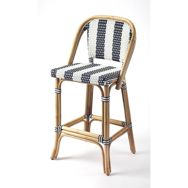 Blue and White Striped Rattan Bar Stool 41