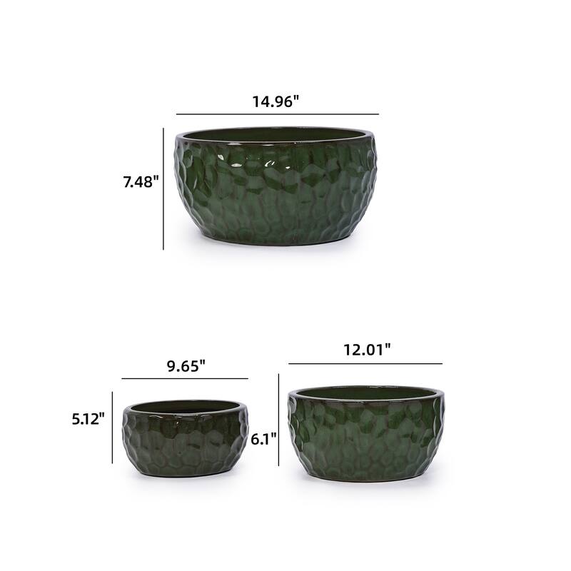 Handmade Glazed Ceramic Planter Set of 3, 15/12/10 Inch Diameter, Hammered Pattern