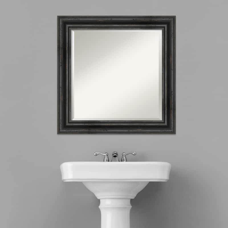 Beveled Wood Bathroom Wall Mirror - Rustic Pine Black Frame