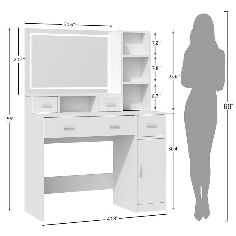 White Makeup Vanity with Lights, Drawers, Storage Cabinet and Smart Mirror for Bedroom