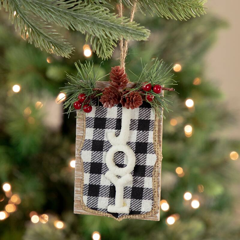4.75" Black White Buffalo Plaid "Joy" Pinecone Christmas Sign Ornament