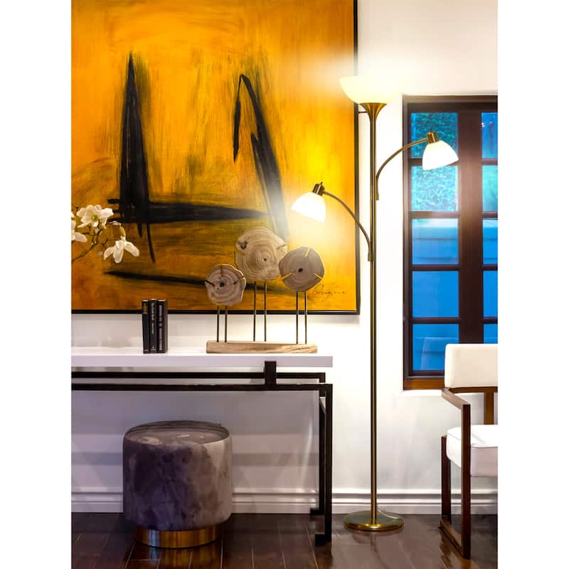 Brightech Sky Dome Double 72 in. Antique Brass Industrial 3-Light 3-Way Dimming LED Floor Lamp with 3 White Plastic Bowl Shades