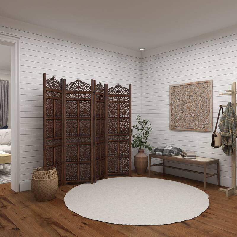 Gray Wooden Handmade Carved Scroll Mandala Floral Home Wall Decor with Brown Distressing