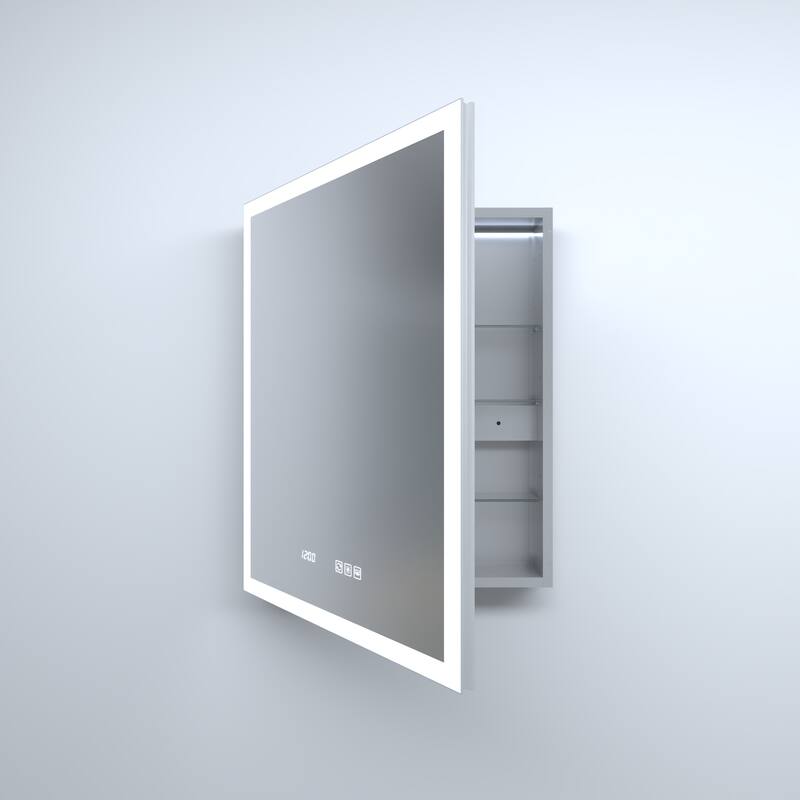Rectangular Aluminum Recessed/Surface Mount Medicine Cabinet in Silver with Mirror LED and Clock