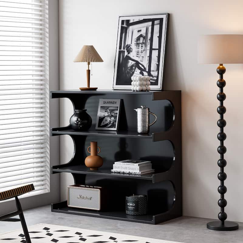 Multifunctional 4-Tier Black Book Shelf & Coffee Table,Creative Furniture Floor Bookshelf,Minimalist Organizer Storage Shelves