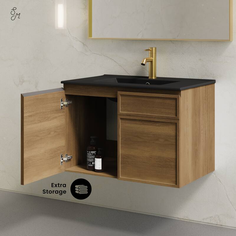 St. Tropez 30" Wall-Mounted Bathroom Vanity In Brown Oak With Black Sink Top - 30