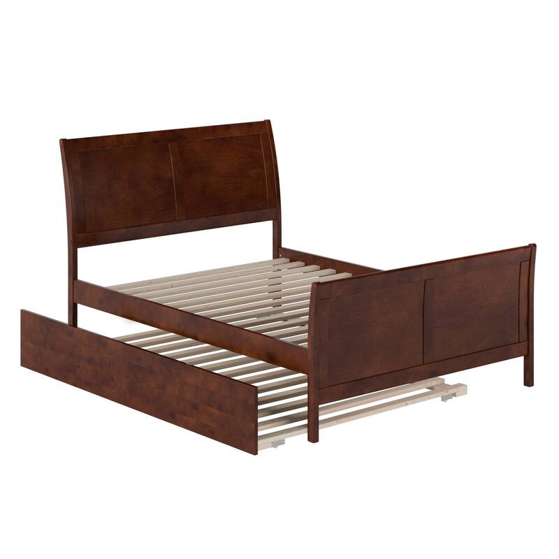 Full Platform Bed with Trundle - Coastal Craftsman Style - Walnut Finish - Home Bedroom Furniture