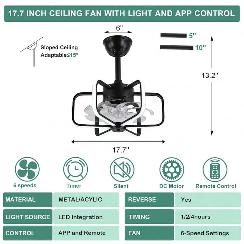 Cusp Barn 18 Inch Modern Ceiling Fan with Dimmable LED Light, Vintage Fandelier, Bladeless Industrial 6-Speed Fan for Bedroom
