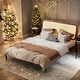 preview thumbnail 2 of 7, Antique Espresso Queen Size Wood Storage Platform Bed with Rattan LED Headboard