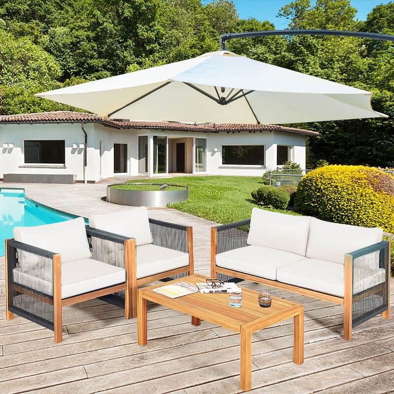 Costway 4 PCS Wood Outdoor Patio Furniture Set with Cushions White Red - See Details
