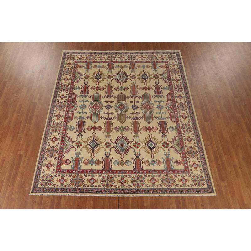 Geometric Beige Kazak Oriental Area Rug Hand-Knotted Wool Carpet - 8'2"x 9'9"