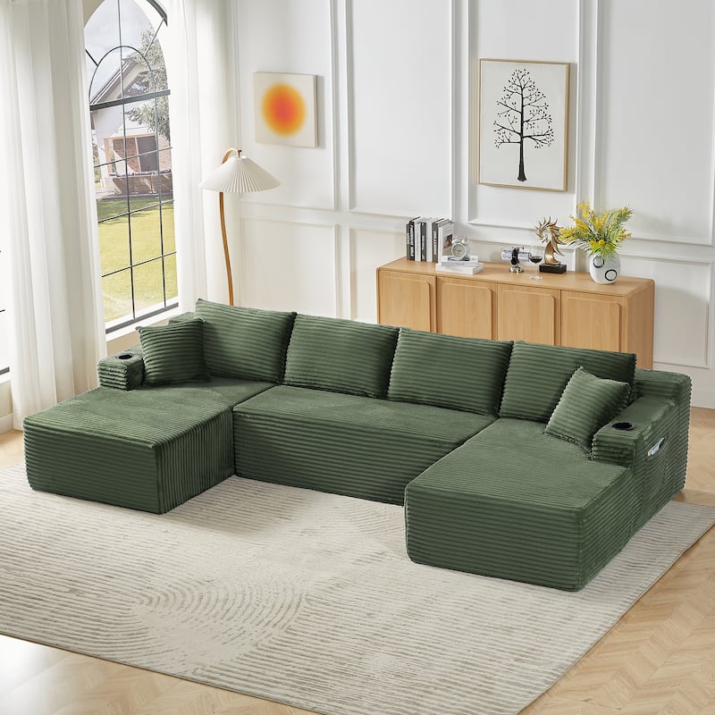Minimalist Modular Lounge Couch U-shaped Sectional Sofa with Chaise, Corduroy Sleeper Sofa Bed with Side Pockets and Cup Holders - Green