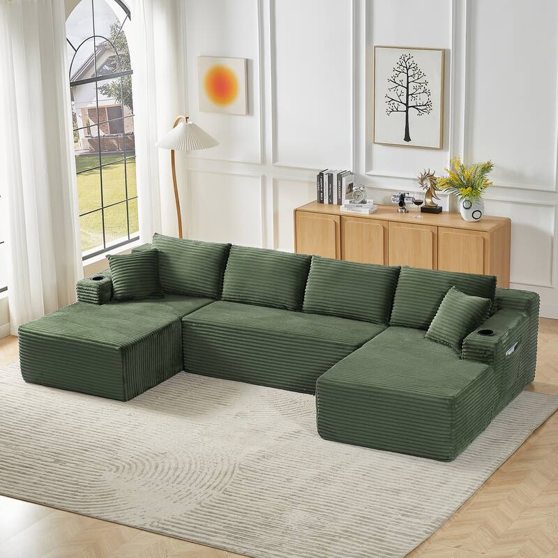 Modular Sectional Sofa with Dual Chaise Lounges, Corduroy Fabric Cloud Couch, Corner Sofa with Cup Holders & Side Pockets