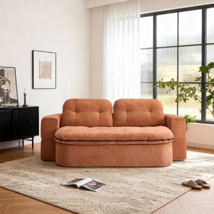 Modern Convertible Floor Sofa Bed with Corduroy Cushion, 2 Pillows & No Assembly