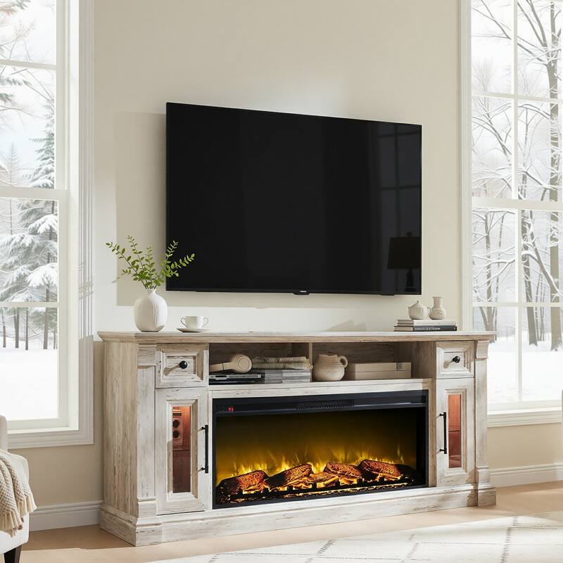 Fireplace TV Stand for 80" TV, Entertainment Center with LED Lights - Washed white color