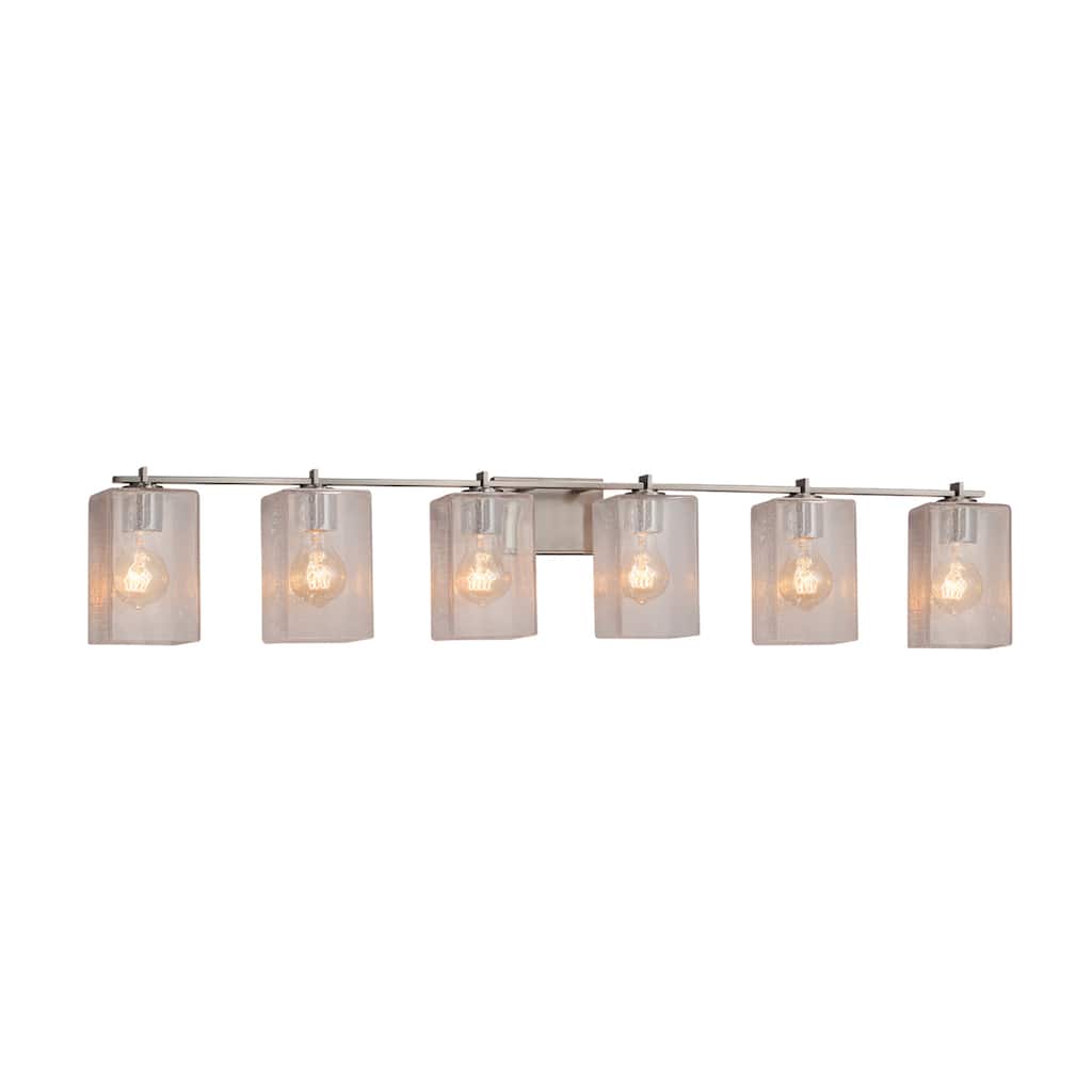 Justice Design Fusion Era 6-light Brushed Nickel Bath Bar, Seeded Square w/ Flat Rim Shade