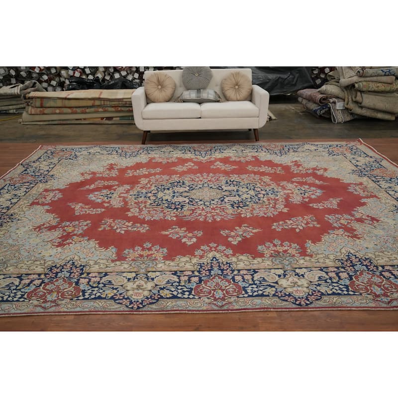 Hand Knotted Oriental 100% Wool Carpet Traditional Floral Oranges & Rust Kerman Area Rug - 13' 0'' X 9' 9''
