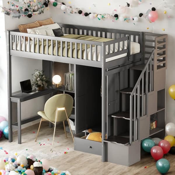 slide 2 of 27, Twin Size Loft Bed With Bookshelf,Drawers,Desk And Wardrobe for Home Grey