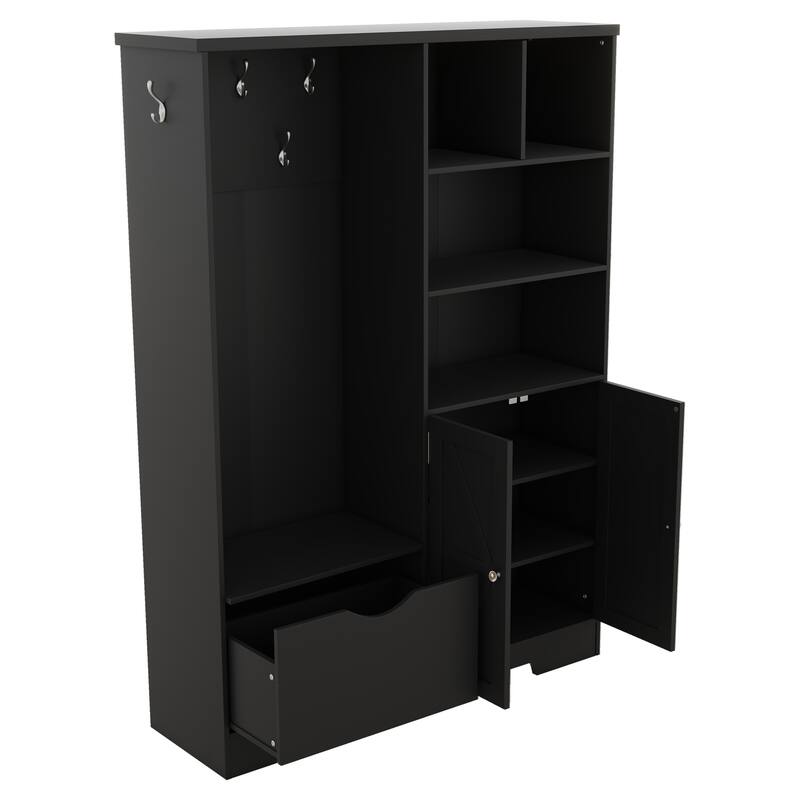 Anmytek Black 5 in 1 Hall Tree Entryway Storage Organizer with Shoe Bench Hooks Cabinet