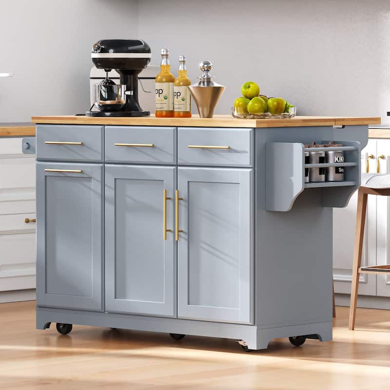 59.3" Rolling Kitchen Island with Storage and Pull-Out Organizers Rubber Wood Drop Leaf Rolling Design for Versatile Use - Grey/Blue