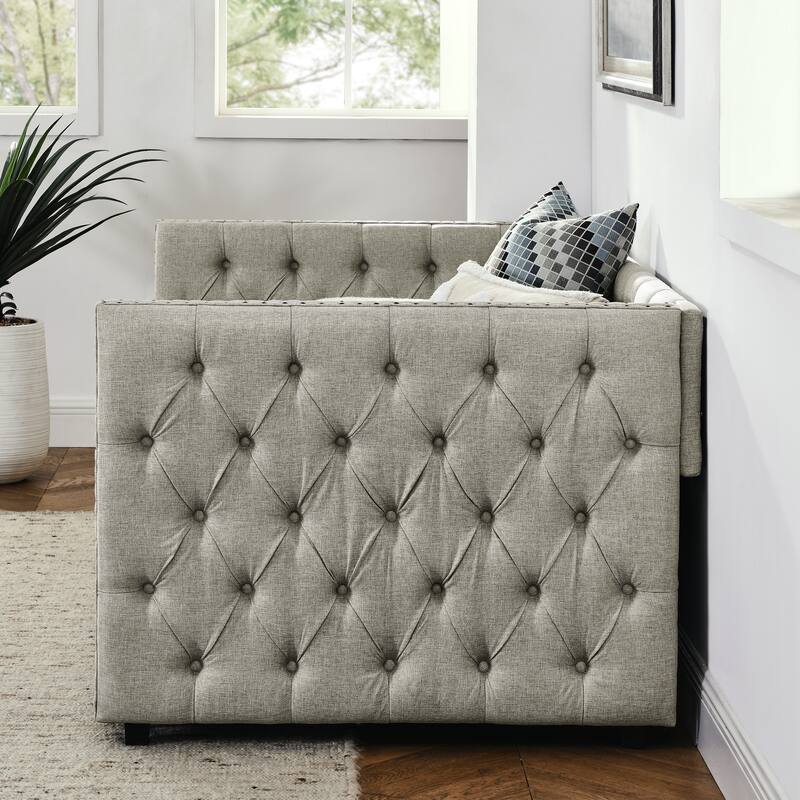 Tufted Daybed Upholstered Frame Sofa Bed with Button Copper Nail on Square Arms, and Pull-out Trundle Bed or Storage Drawers