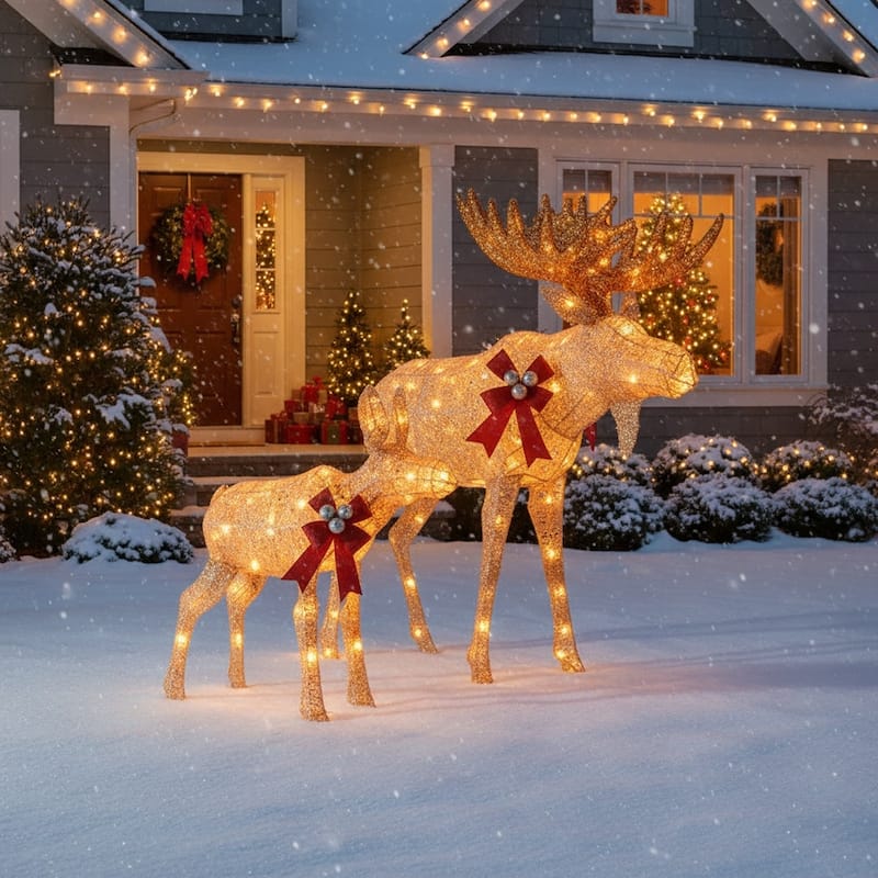 4Ft 3-Piece 2D Lighted Christmas Deer Family Set - Gold - Multi