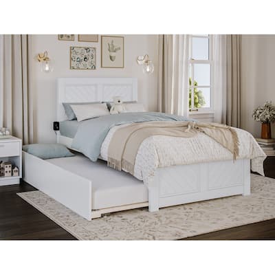 Twin Platform Bed with Trundle - White Wood Slat Bed Frame - Matching Headboard Footboard